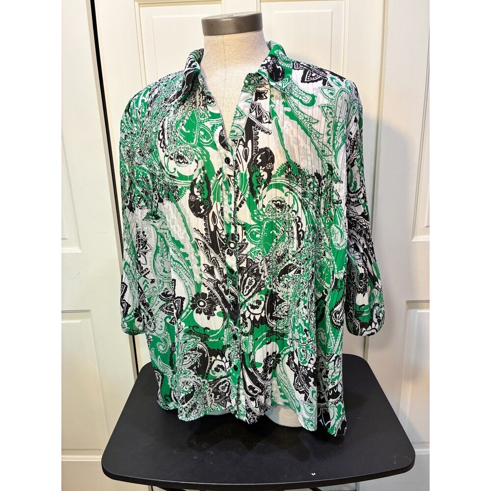 Liz & Me Platinum Collection Blouse 2X Plus Green Paisley Plisse Pleated Button